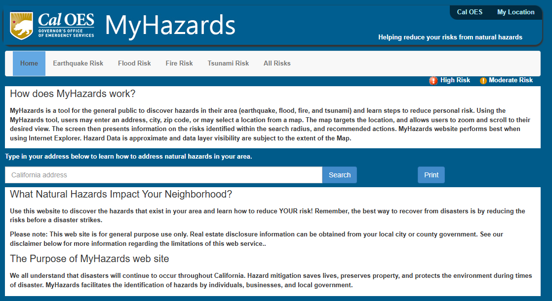 Image of Cal My Hazards webpage